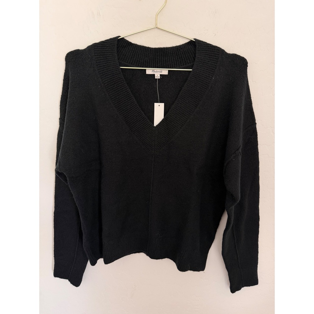 Madewell Calina V-Neck Sweater True Black Cotton Merino Wool BK5229 Women M NEW